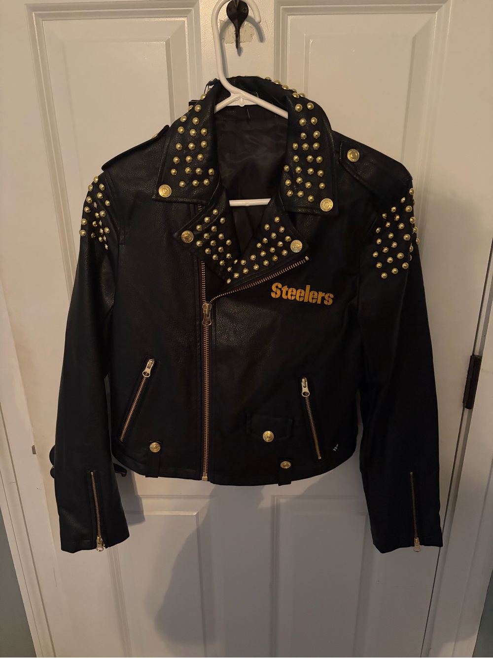 NFL Black Leather Studded Moto Jacket with Gold Accents